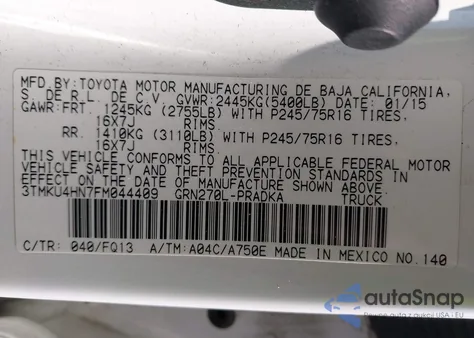 2015 Toyota Tacoma Prerunner V6 z USA, uszkodzony, nr VIN 3TMKU4HN7FM044409